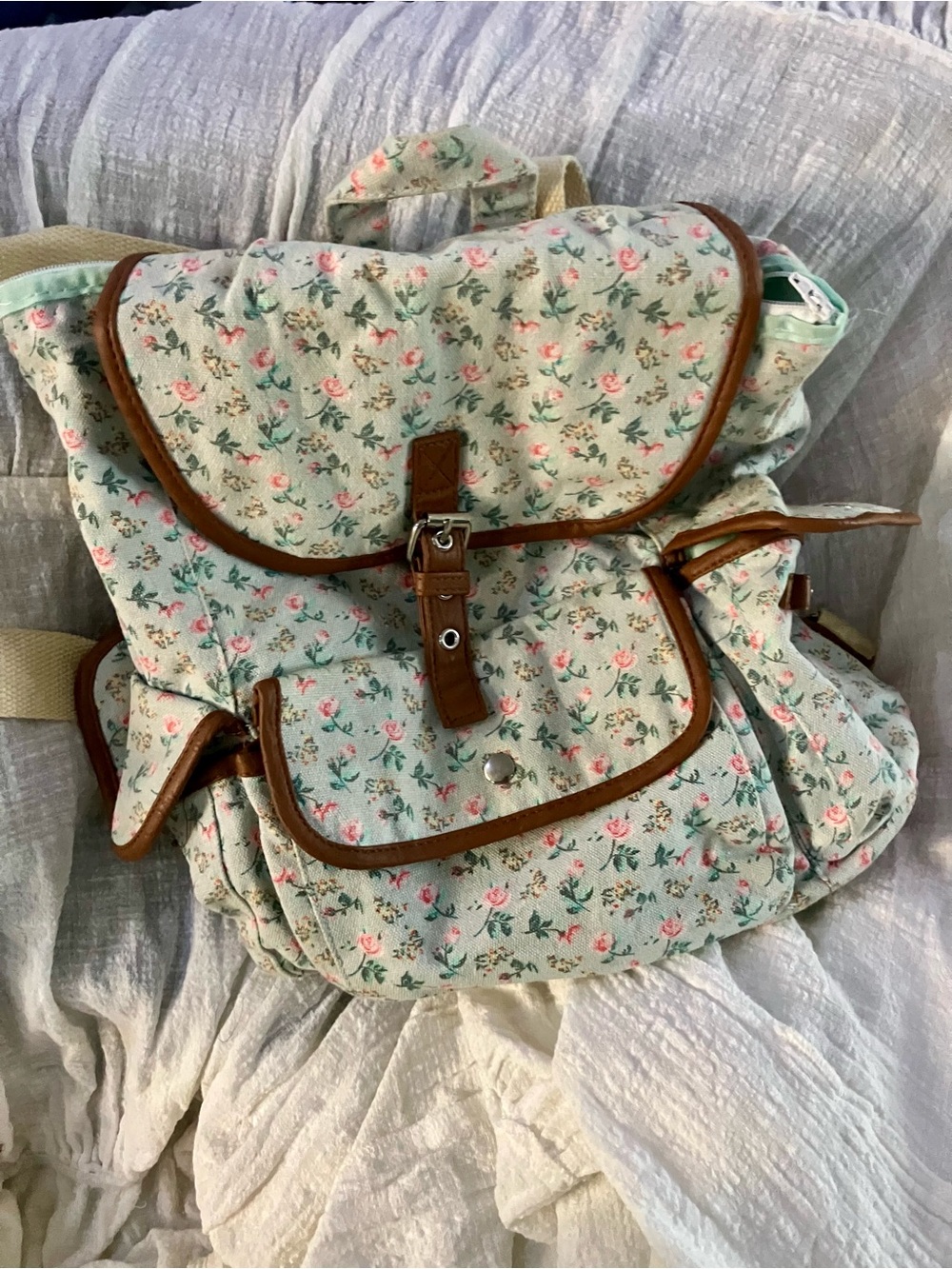 Floral Canvas Backpack with Brown Trim - Women's Bag